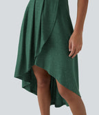 Robe Mi-Longue Plissée Décolleté Plongeant Sans Manches Haut Bas Ourlet Croisé