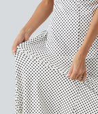 Robe midi décontractée à pois, col V, manches courtes