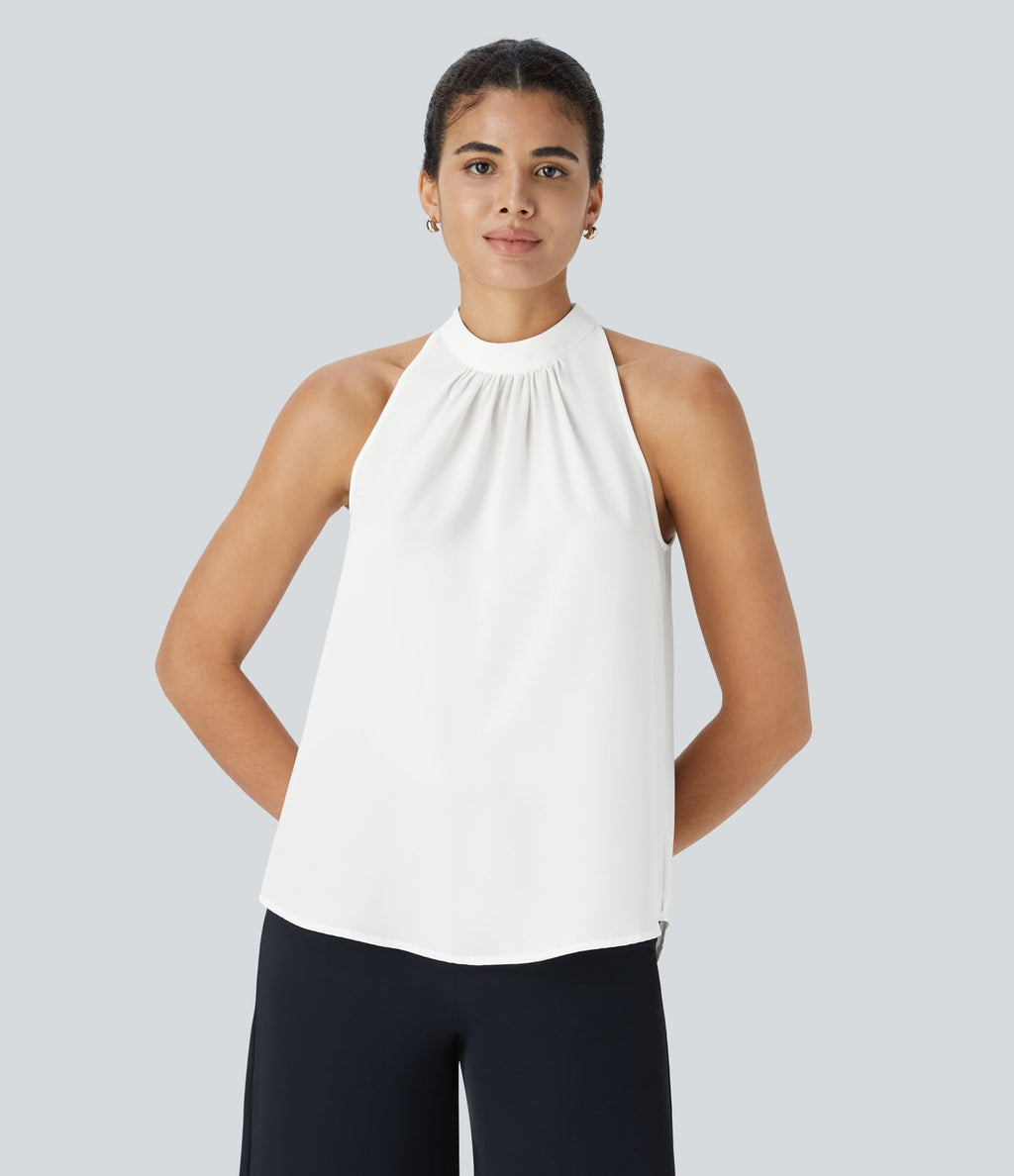 Blouse Travail Sans Manches Ourlet Courbé Col Haut Découpe au Dos Plis