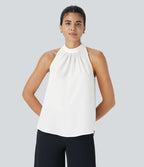 Blouse Travail Sans Manches Ourlet Courbé Col Haut Découpe au Dos Plis