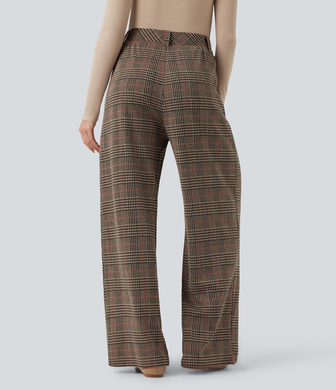 Pantalon taille haute décontracté large à carreaux, avec poches
