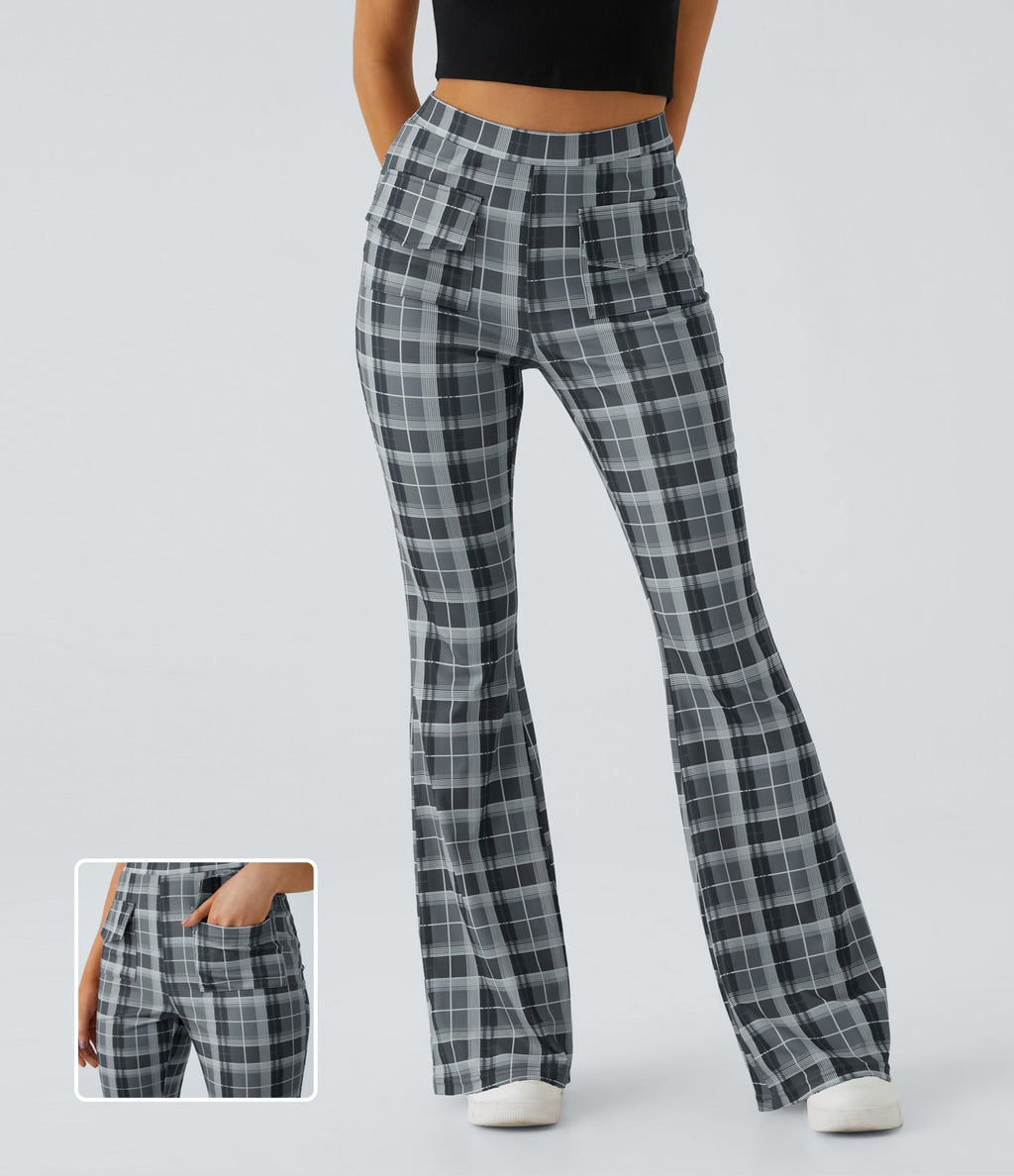 Pantalon Casual à Carreaux Évasé et Taille Haute avec Poches