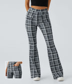 Pantalon Casual à Carreaux Évasé et Taille Haute avec Poches