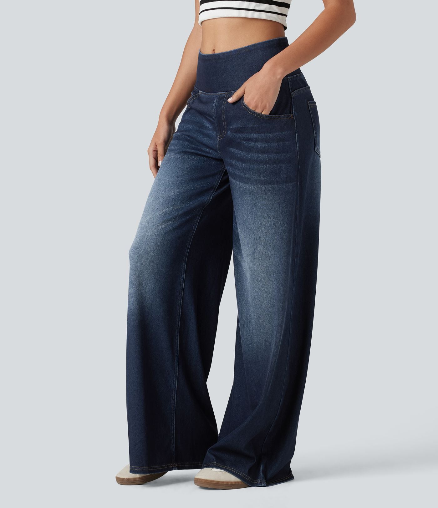 Halara Flex™ Jean large casual baggy taille mi-haute en lyocell drapé effet délavé, avec poches
