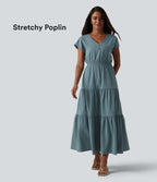 Robe midi décontractée en popeline stretch à manches courtes et col en V