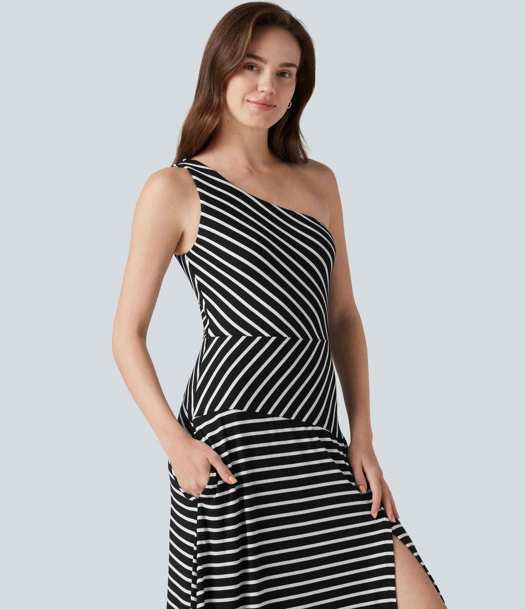 Robe longue décontractée à rayures, asymétrique, sans manches, en maille côtelée, avec poche