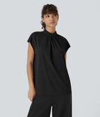 Blouse de Travail à Col Montant Plissée avec Boutons dans le Dos et Manches Courtes