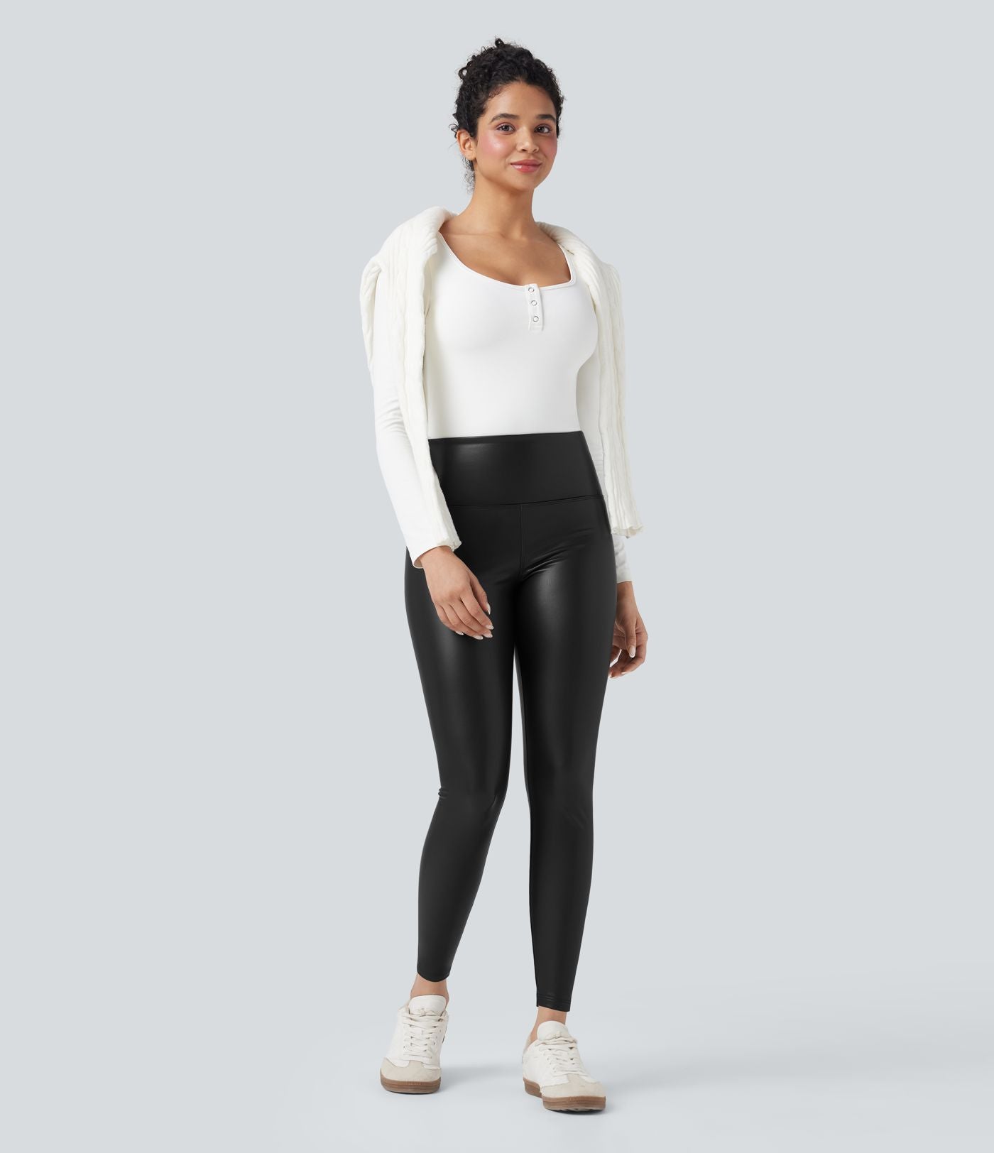 Pantalon 7/8 moulant décontracté polaire gainant taille haute extensible effet cuir avec poches