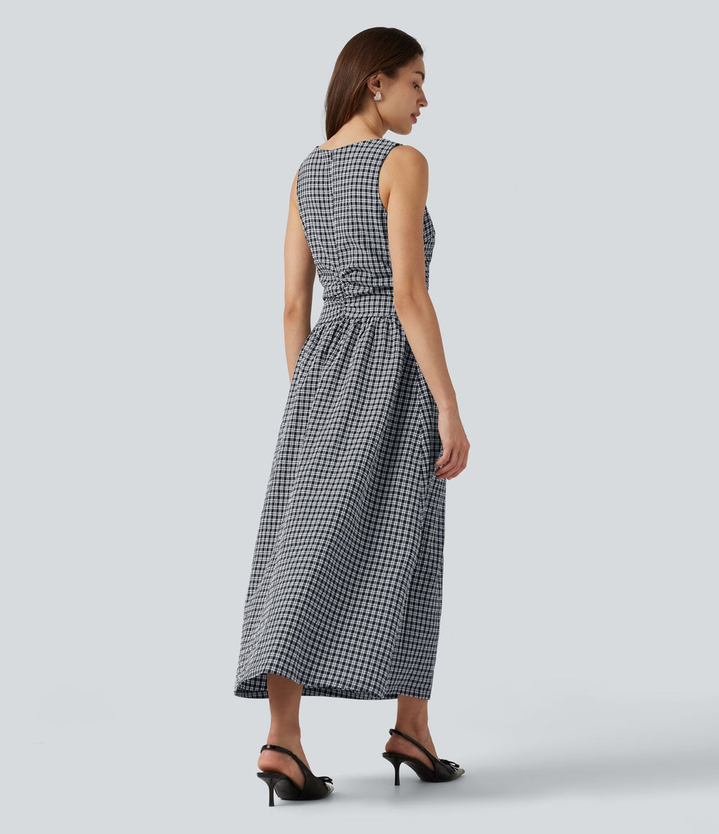 Robe midi décontractée à carreaux vichy, col bateau, sans manches, avec poches