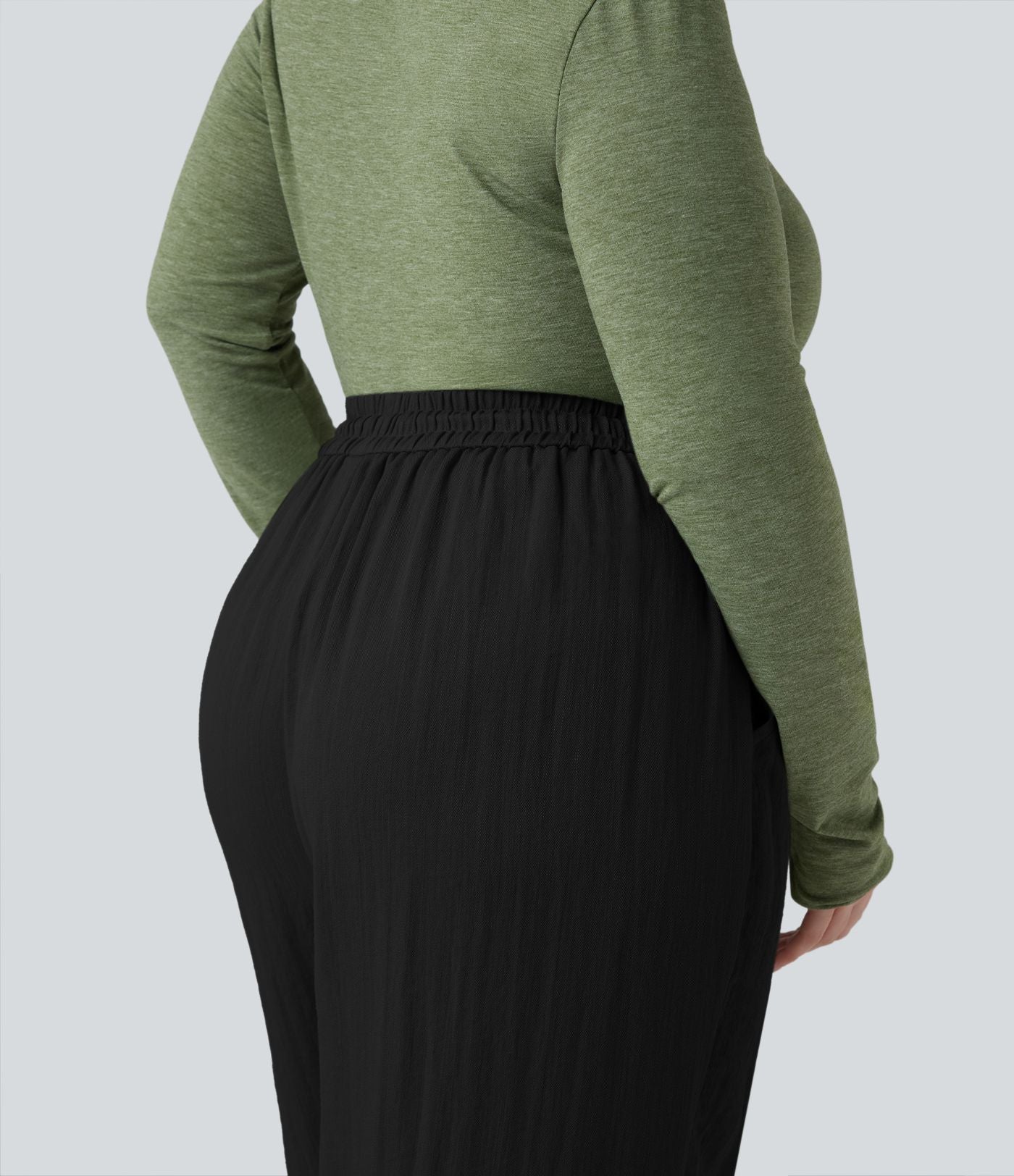 Pantalon grande taille large fluide taille haute avec cordon de serrage, poches et aspect lin