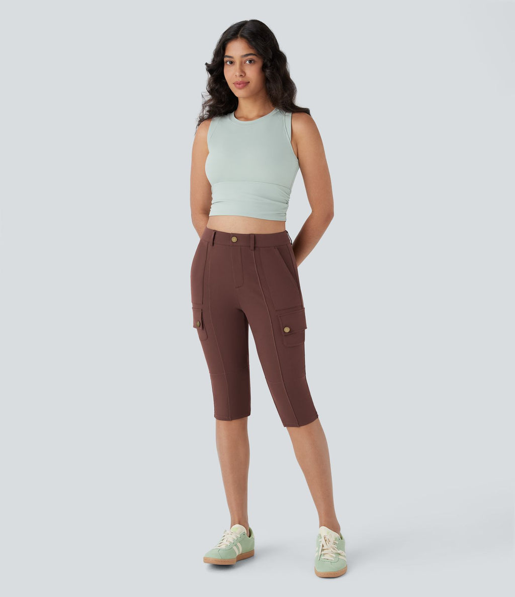 Pantalon cargo pedal pusher ajusté uni taille haute DayStretch avec poches zippées