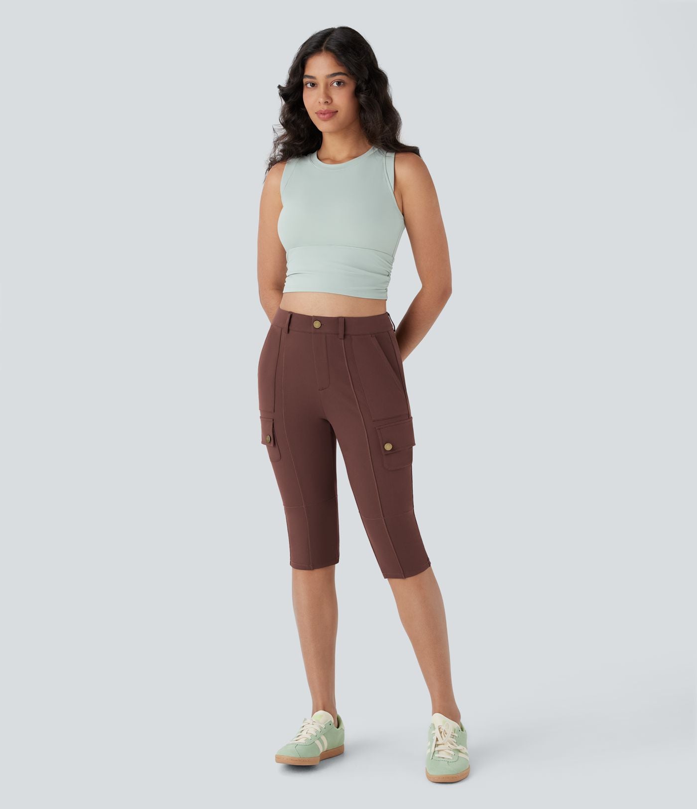 Pantalon cargo pedal pusher ajusté uni taille haute DayStretch avec poches zippées