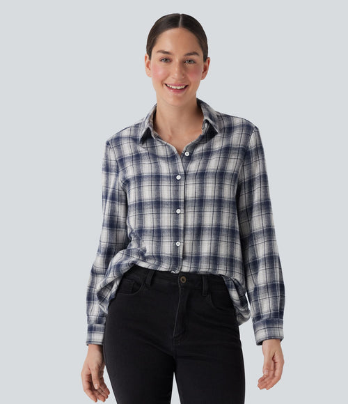 Chemise décontractée à motif écossais avec col, manches longues et boutonnage