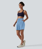 Short de yoga plissé taille haute avec ceinture élastique, cordon de serrage et poches 17,5 cm