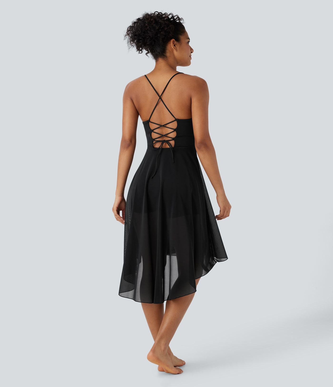 Robe active de danse midi fluide à dos nu avec lacets, 2-en-1, poche, ourlet asymétrique et maille contrastée