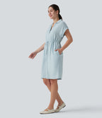 Robe-chemise casual denim en lyocell drapé à col, cordon de serrage, braguette boutonnée et poches