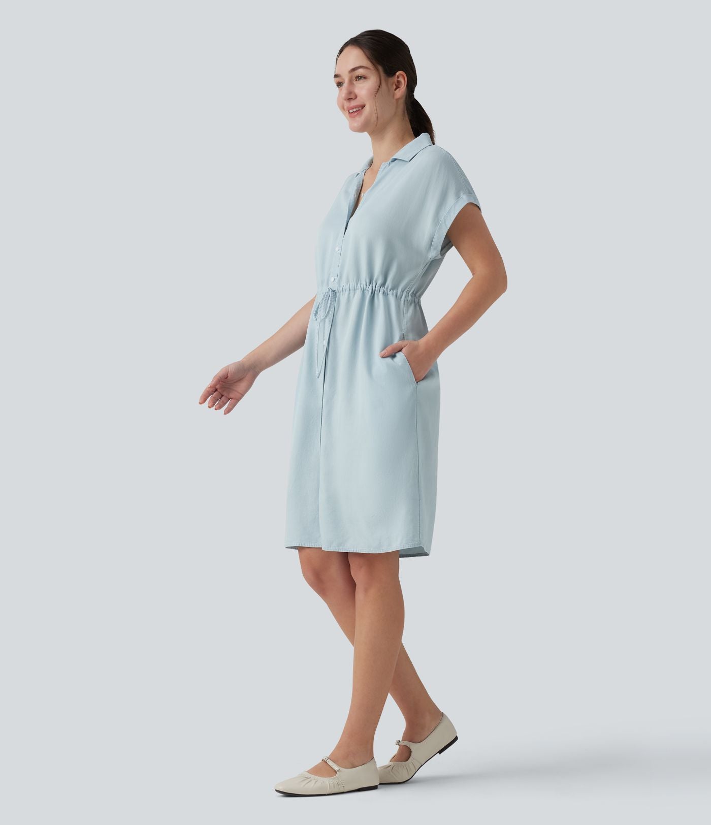 Robe-chemise casual denim en lyocell drapé à col, cordon de serrage, braguette boutonnée et poches