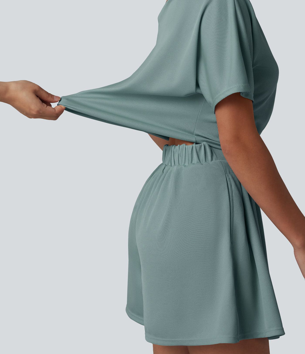 Combishort casual asymétrique manches courtes plissé en nid d'abeille avec poches - Édition Easy Peasy