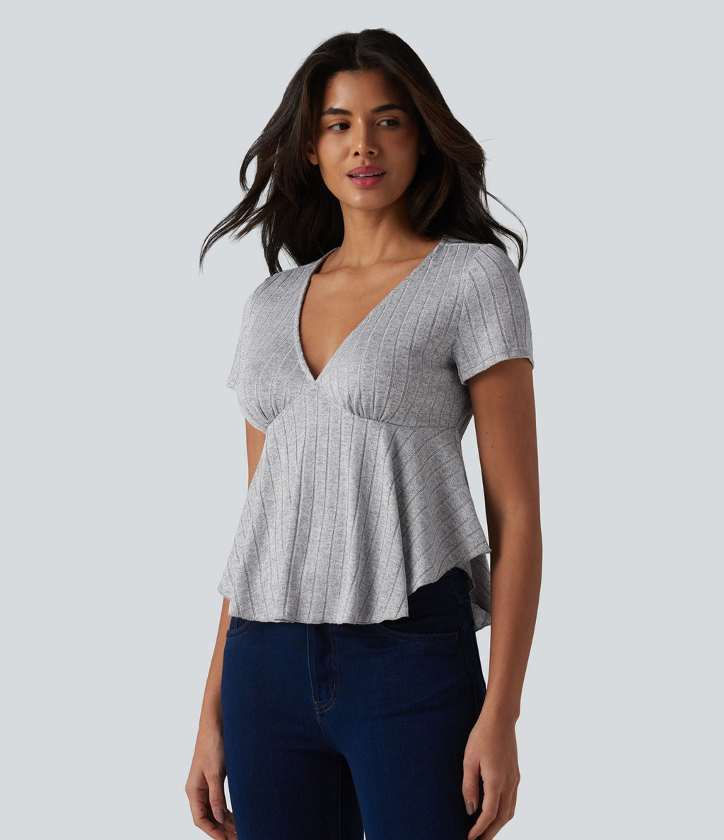 T-shirt casual babydoll en maille côtelée à col V, manches courtes et ourlet à volants