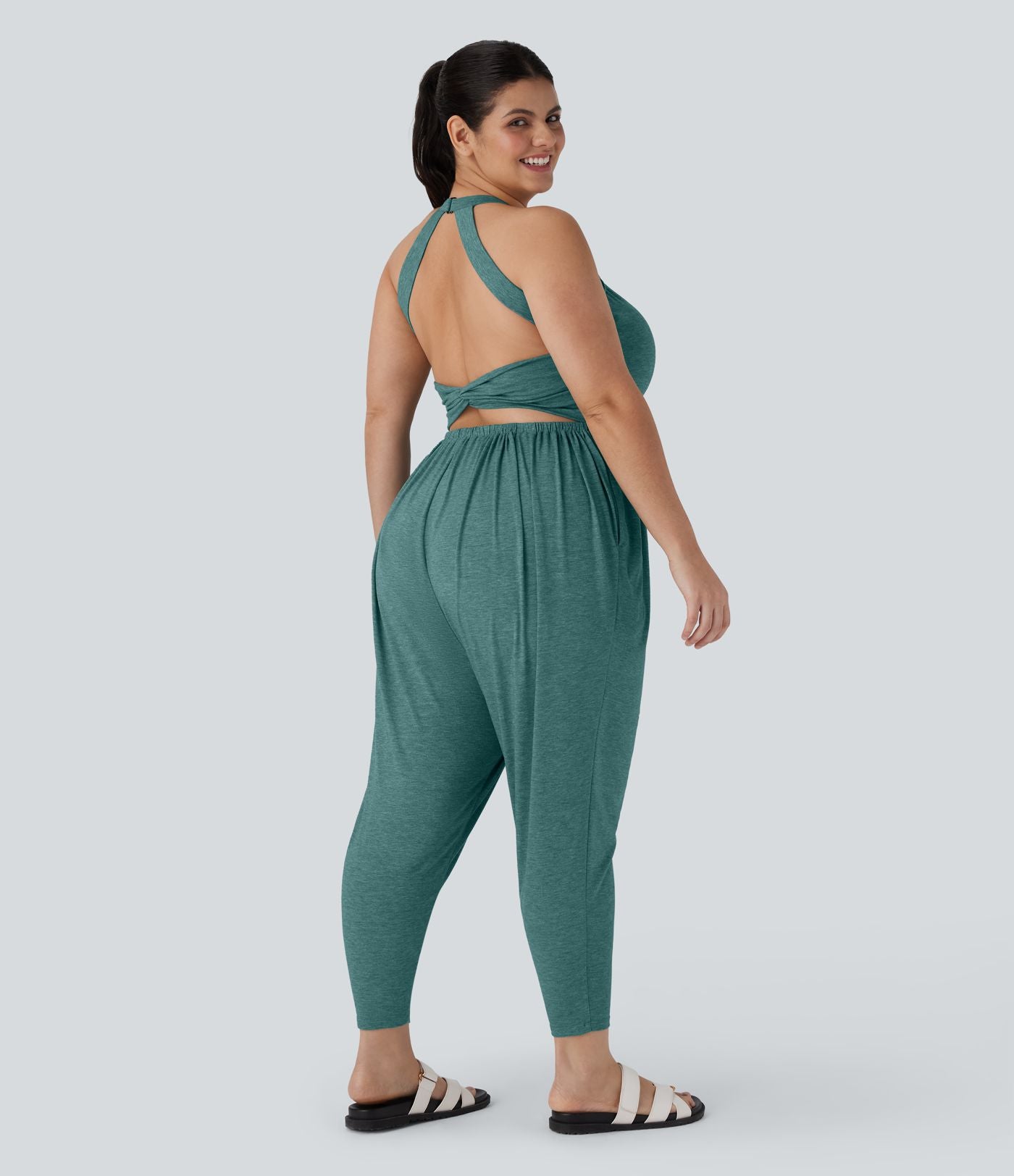 Combinaison sarouel dos nu torsadée grande taille avec poche latérale - Édition facile à enfiler