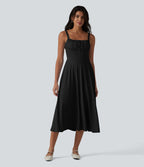 Robe fluide midi de villégiature sans manches, encolure carrée, dos nu croisé, fronces et soutien-gorge intégré