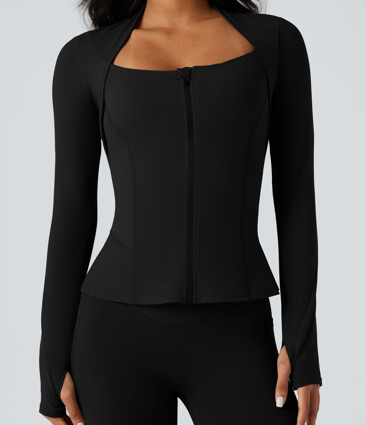 Veste yoga push-up zippée à manches longues avec passants pouces et ourlet à volants Halara UltraSculpt™