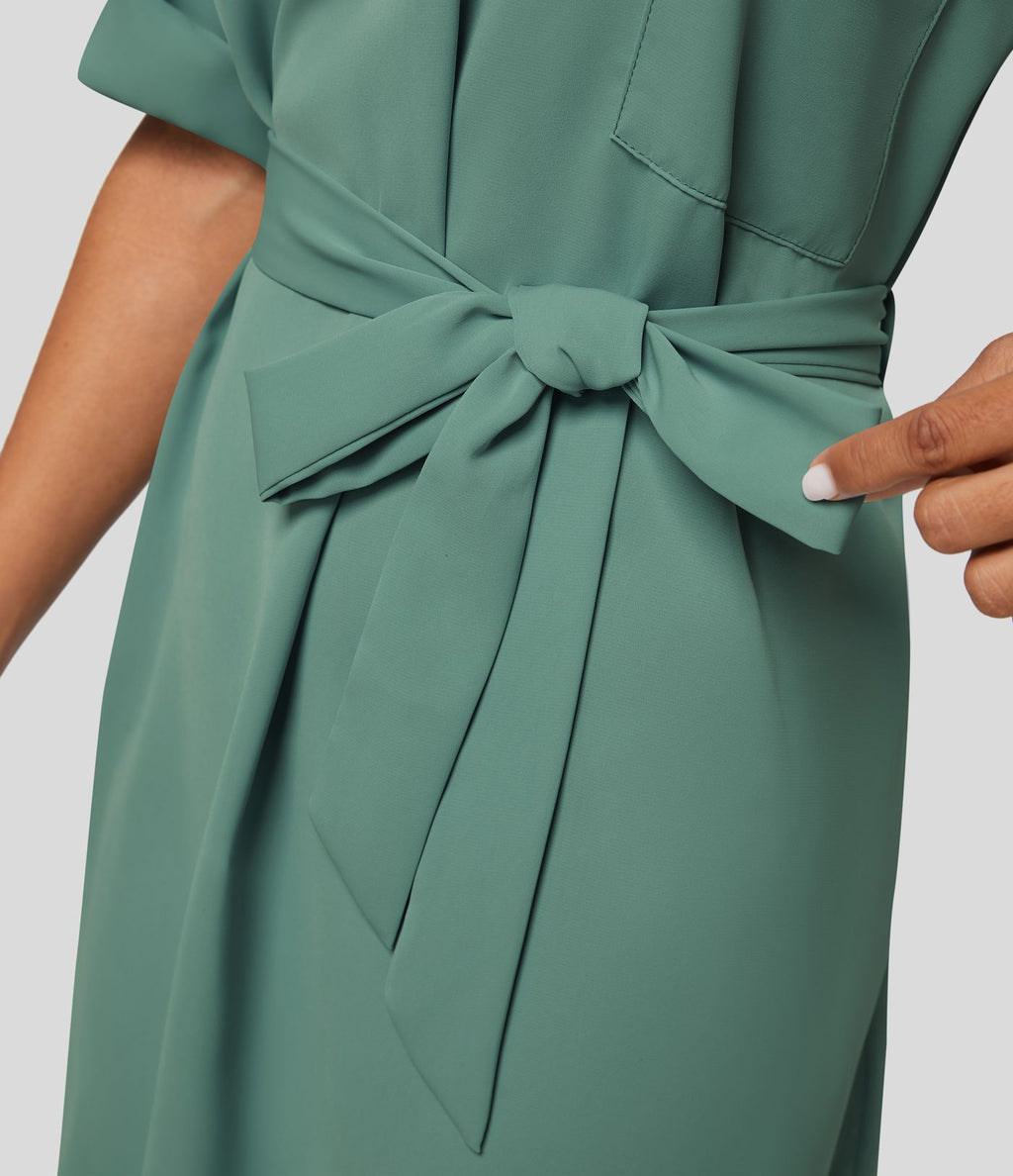 Robe-chemise décontractée à col, manches retroussables et ceinture