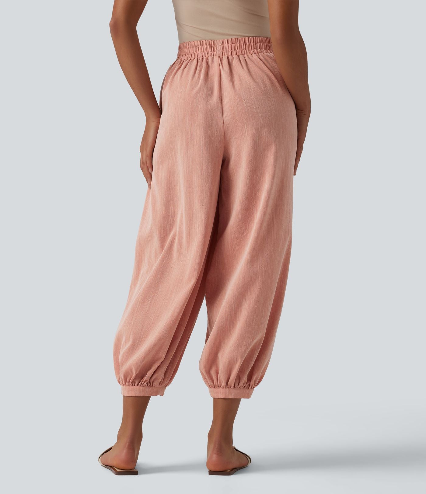 Pantalon décontracté coupe ballon taille haute aspect lin avec poches