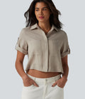Chemise courte col classique manches courtes retroussées en mélange lin avec poches