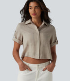 Chemise courte col classique manches courtes retroussées en mélange lin avec poches