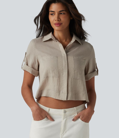 Chemise courte col classique manches courtes retroussées en mélange lin avec poches