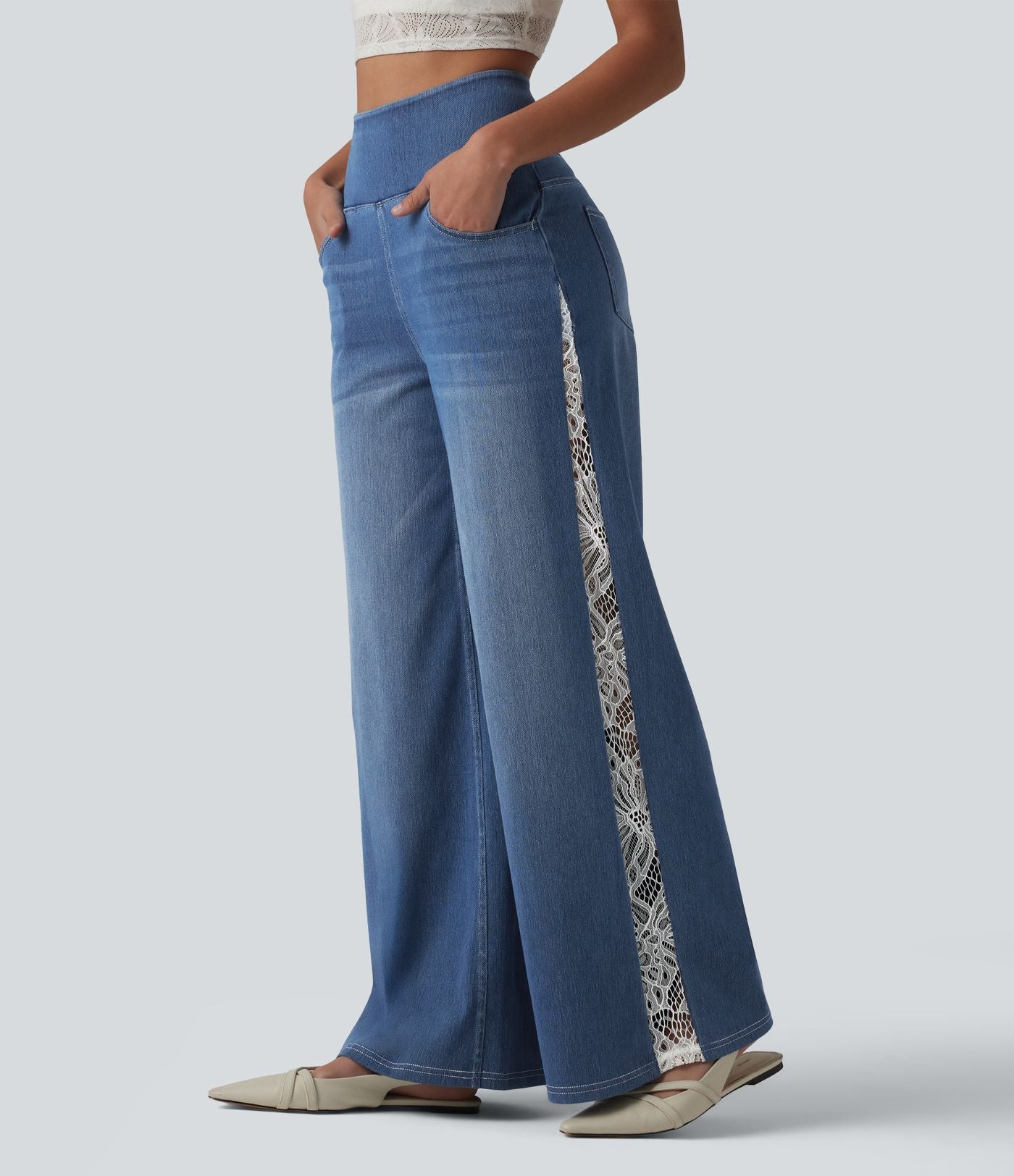 Jean large Halara Flex™ décontracté taille haute avec poches et dentelle contrastée