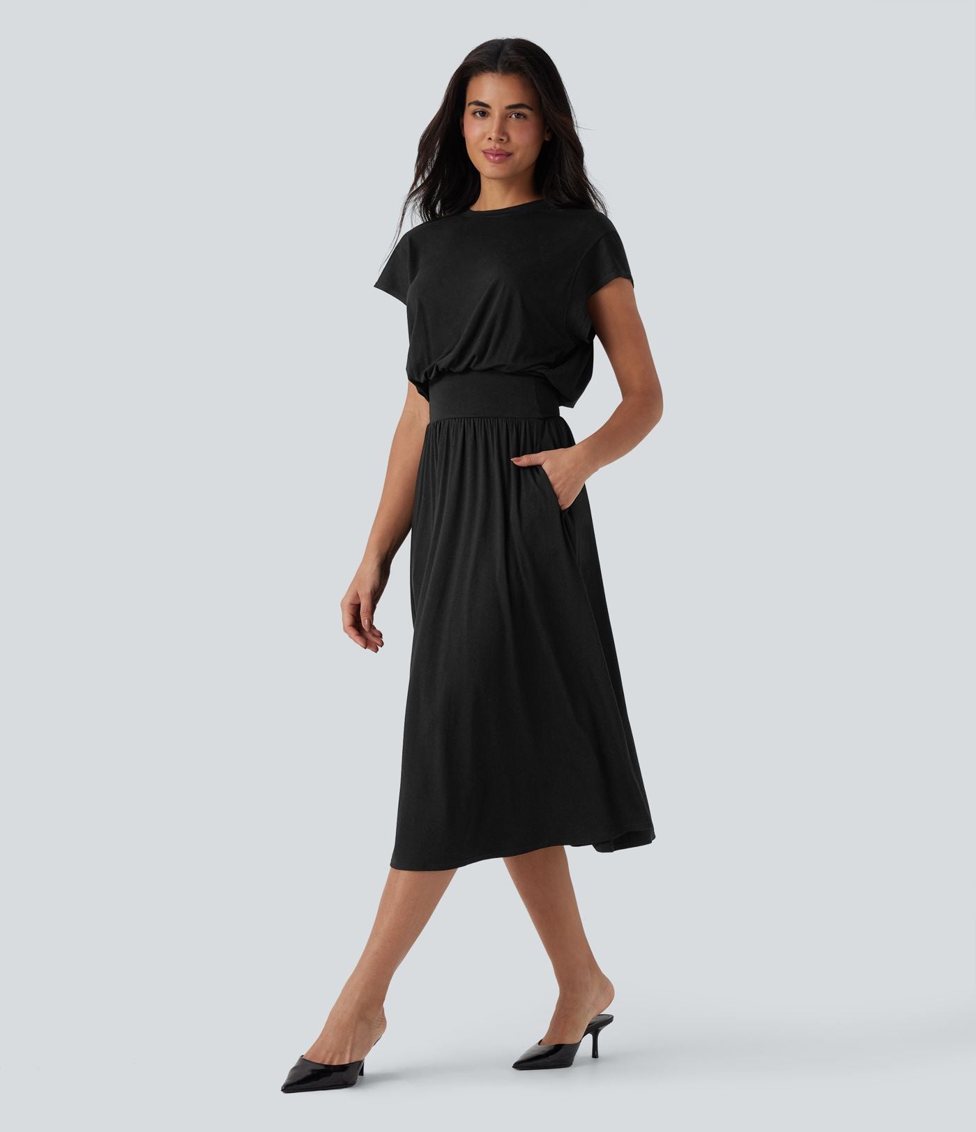 Robe de travail mi-longue fluide gainante à manches chauve-souris avec poches