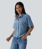 Halara Flex™ Chemise casual à manches courtes en denim lyocell drapé avec poches