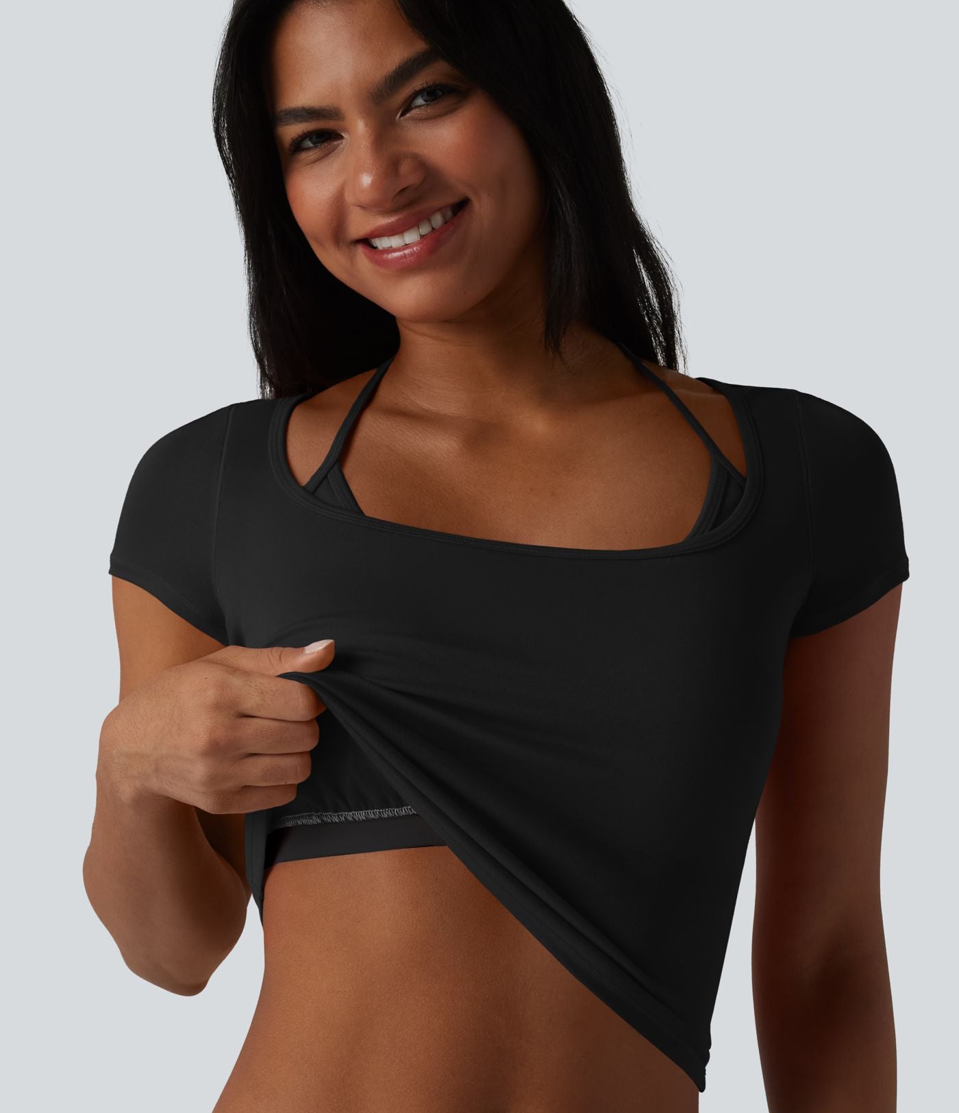 T-shirt crop décontracté côtelé dos nu à nouer avec soutien-gorge intégré manches courtes