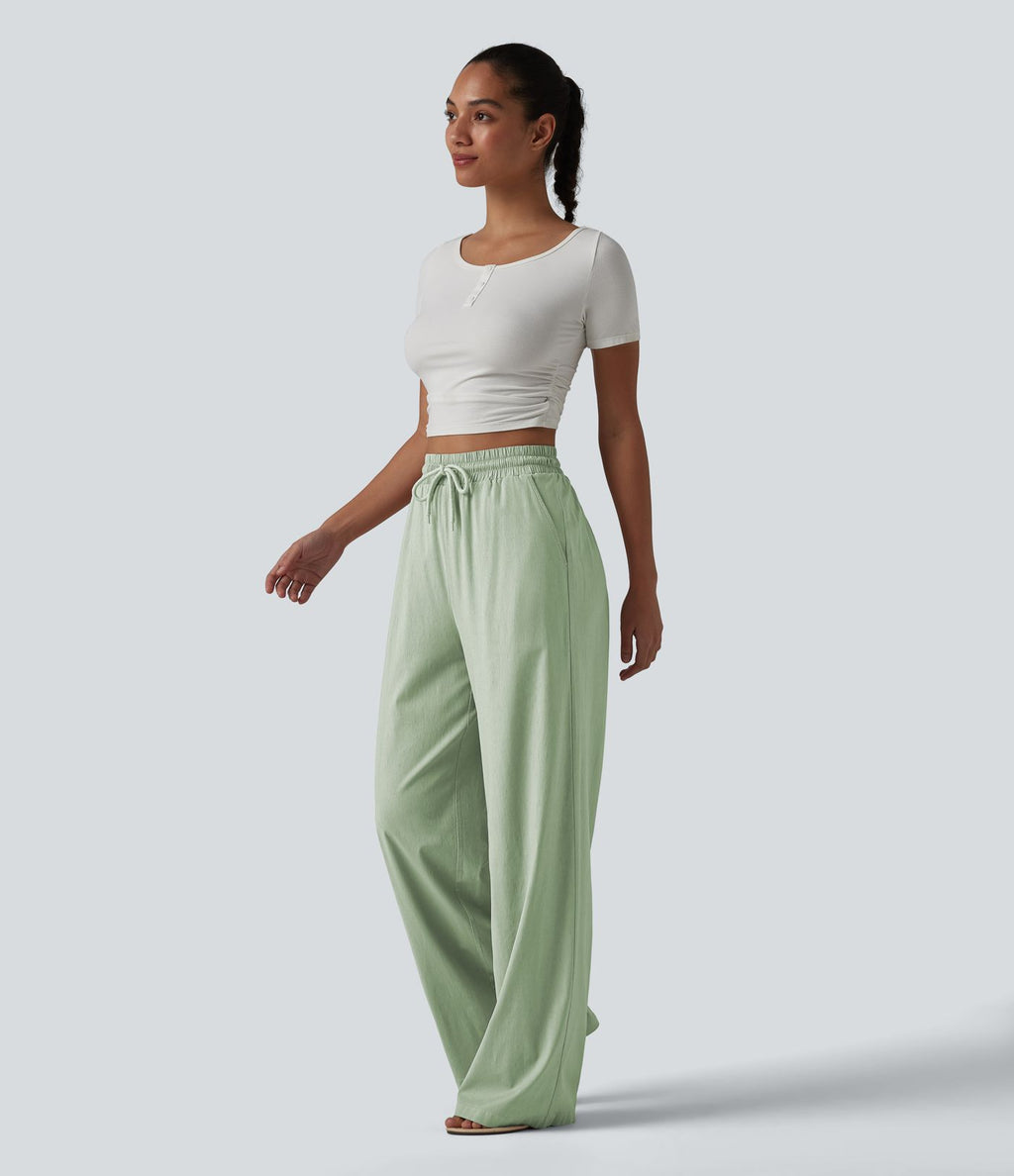 Pantalon large fluide en lin stretch taille haute avec cordon de serrage et poches