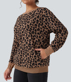 Sweat décontracté oversized col rond manches longues maille gaufrée léopard avec poches