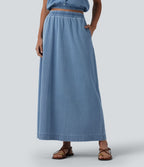 Jupe longue décontractée évasée Halara Flex™ en denim taille haute avec poches