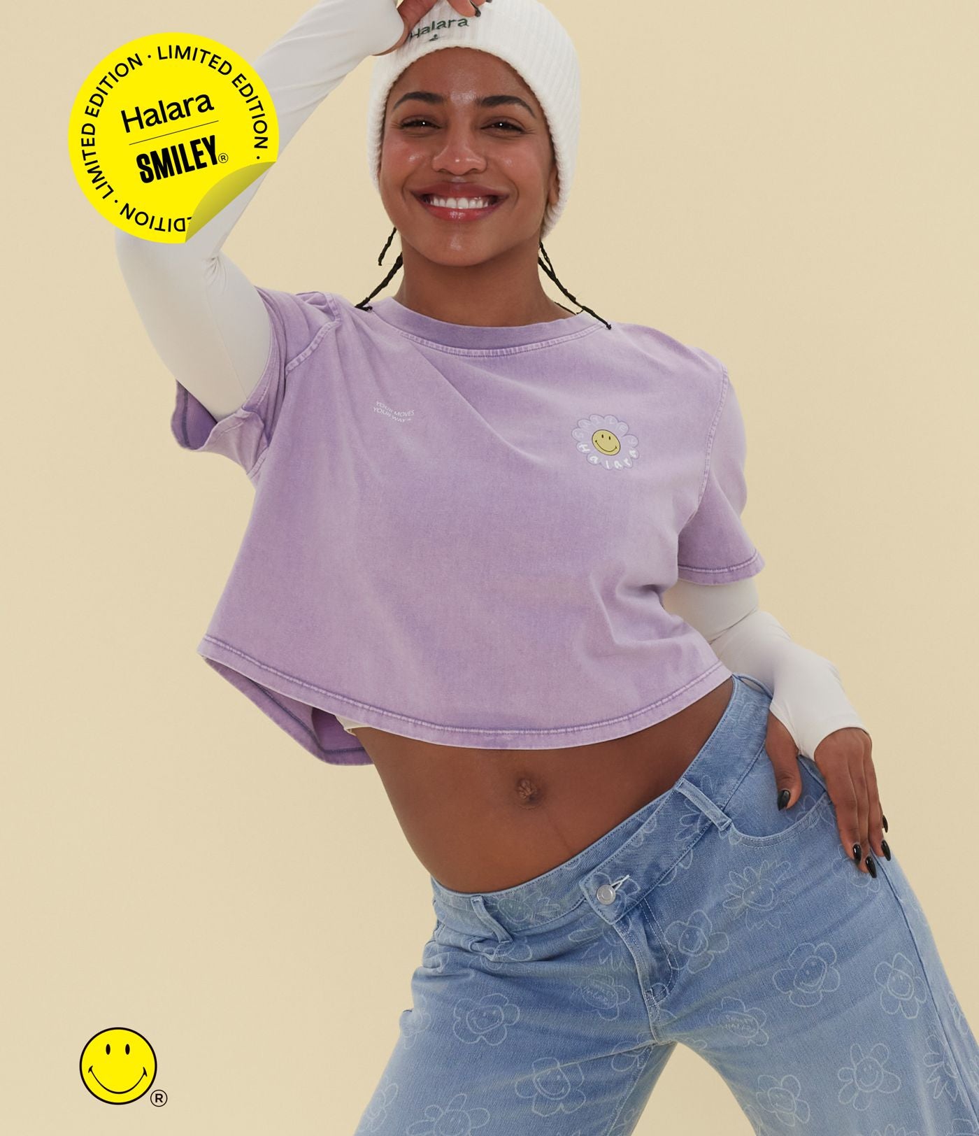 T-shirt casual en coton délavé Halara X Smiley® col rond à manches courtes
