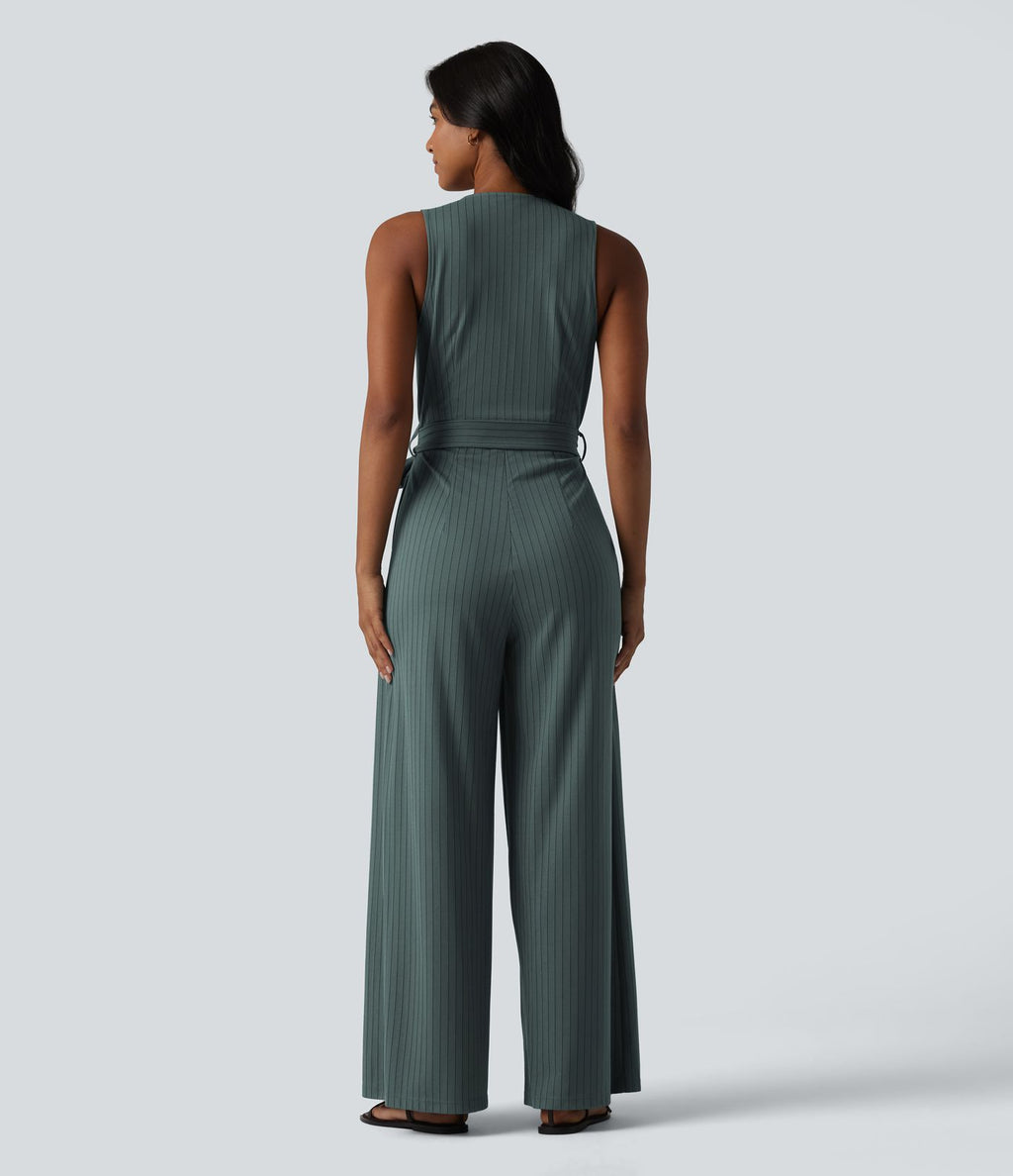 Combinaison tailleur sans manches à col V, ceinturée, avec zip invisible, rayures et effet frais avec poches, accès facile Easy Peasy