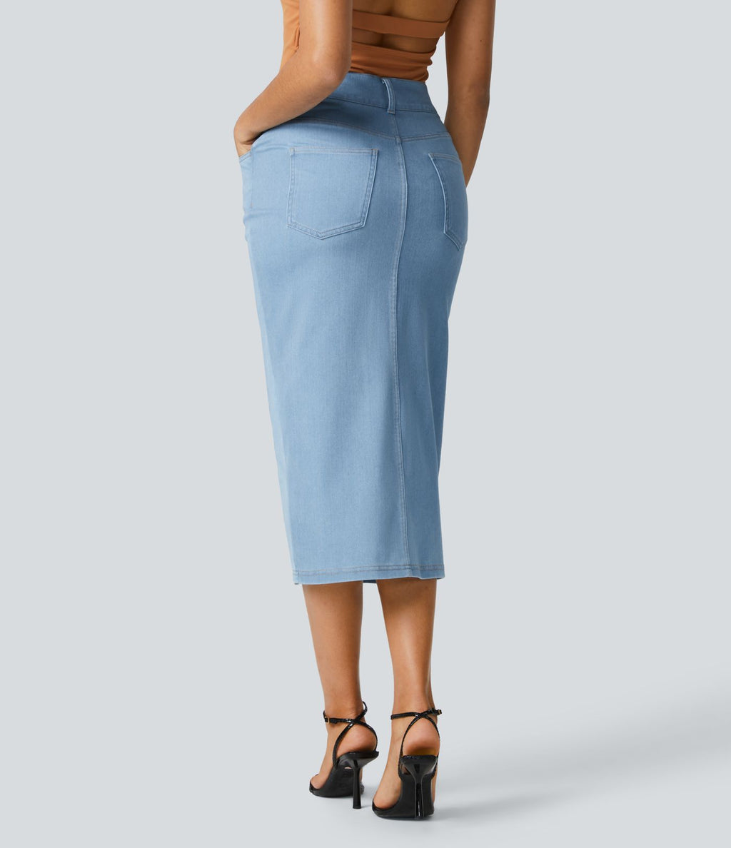 Halara Flex™ Jupe en Jean Midi Casual Tricot Extensible Taille Haute Poches Multiples