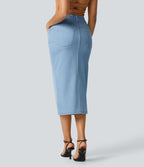 Halara Flex™ Jupe en Jean Midi Casual Tricot Extensible Taille Haute Poches Multiples