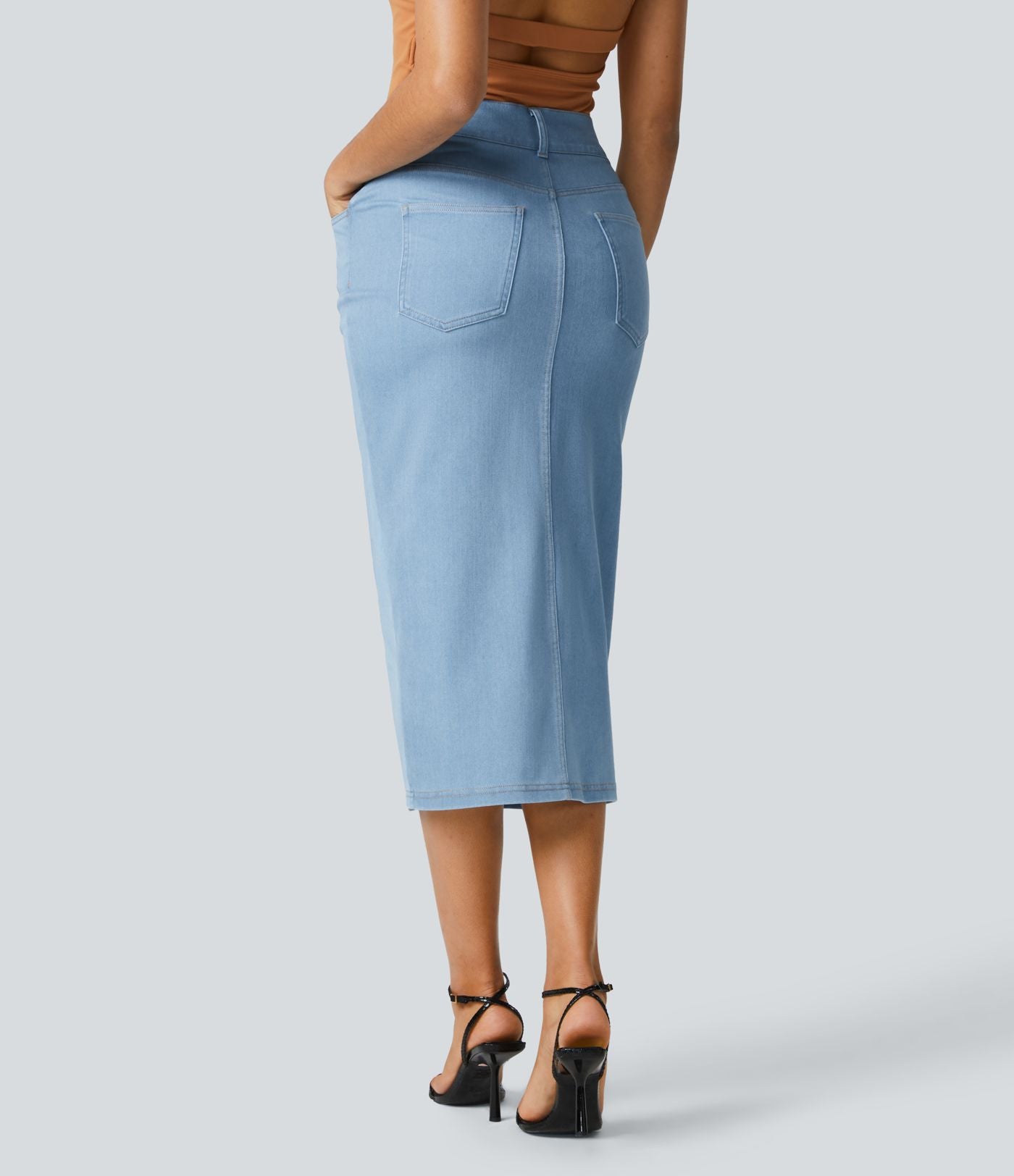 Halara Flex™ Jupe en Jean Midi Casual Tricot Extensible Taille Haute Poches Multiples