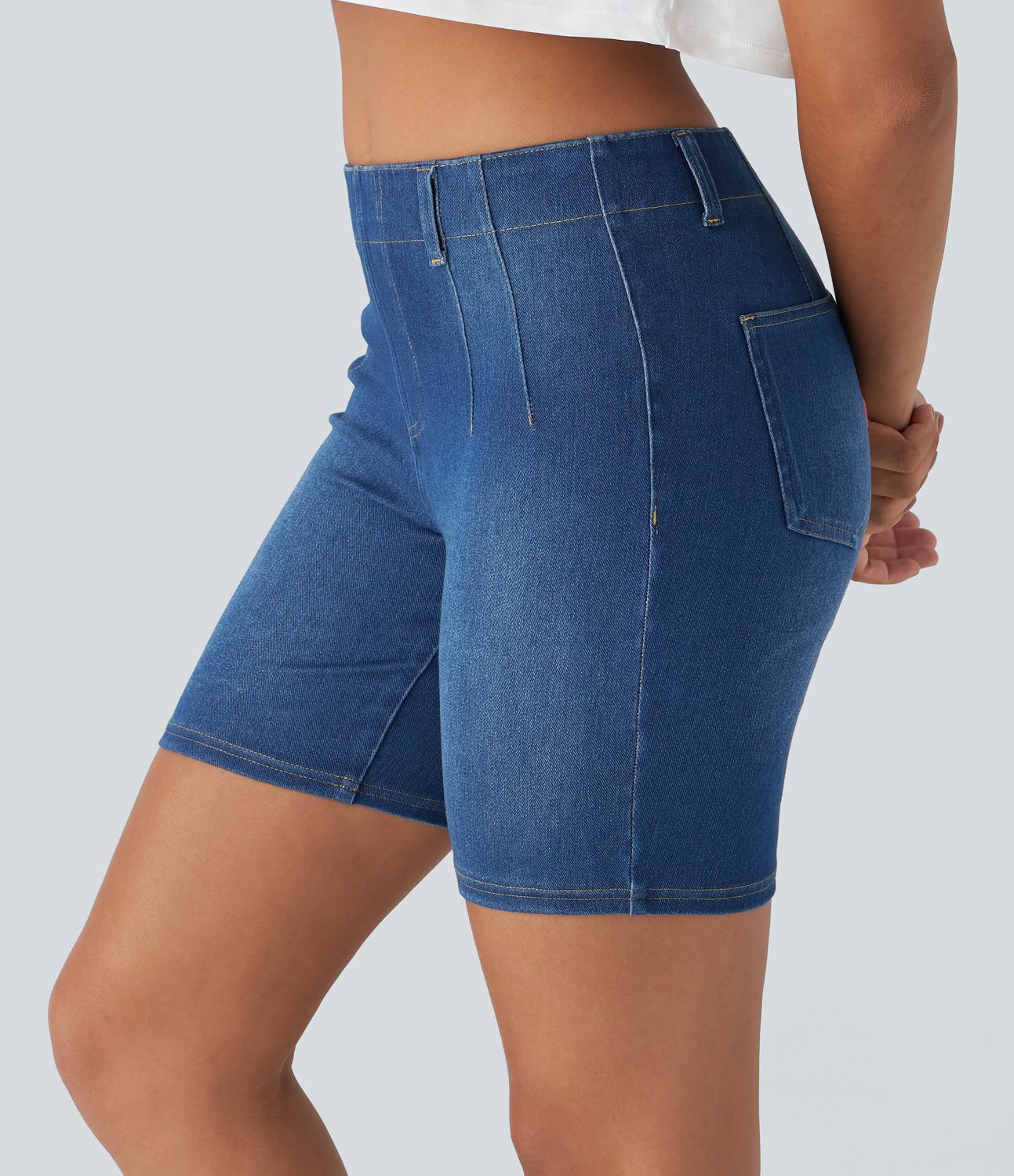 Short décontracté Halara Flex™ en maille denim extensible délavée taille Mi, haute avec poches arrière et effet frais InstantCool
