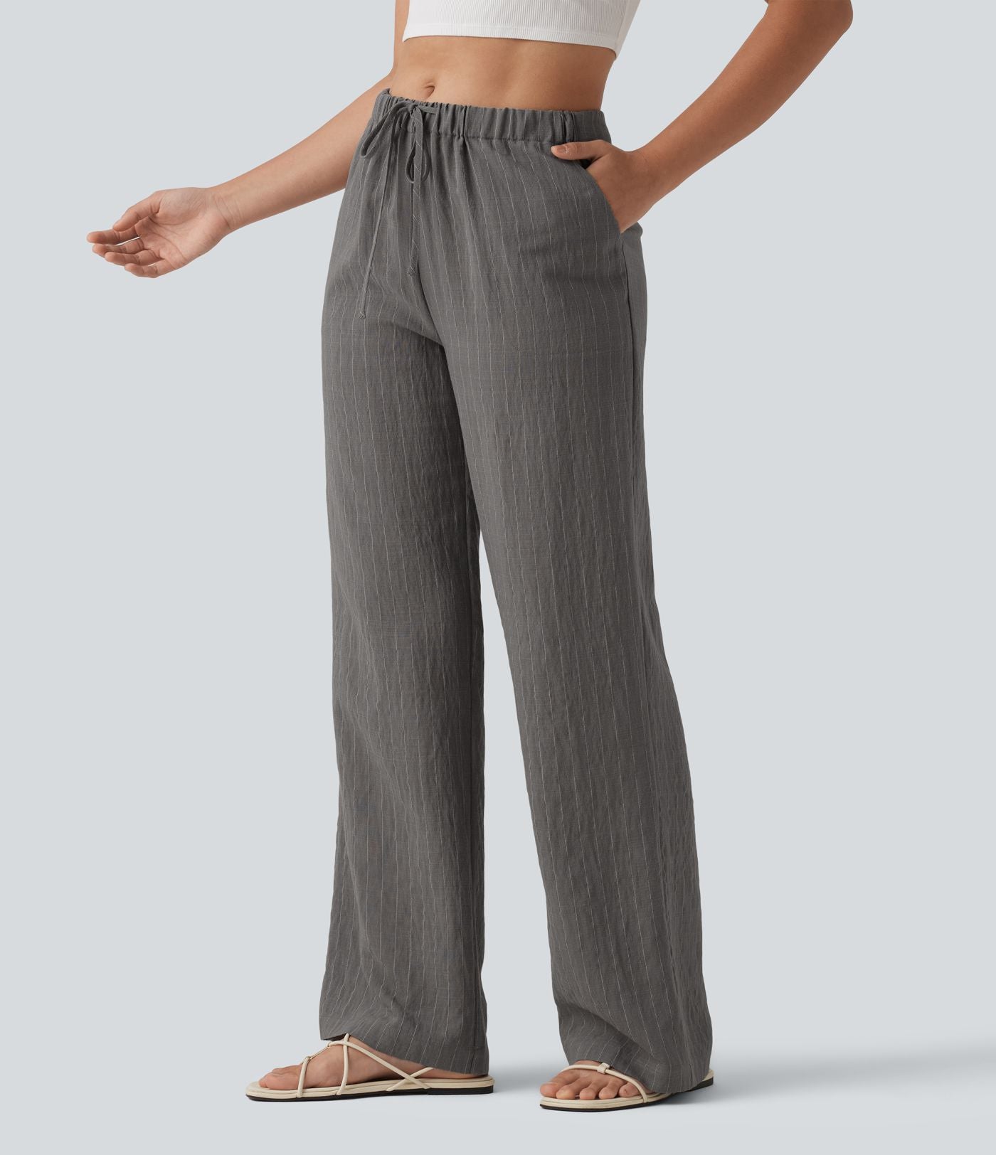 Pantalon large fluide décontracté en lin mélangé à rayures taille mi-haute avec cordon de serrage et poches