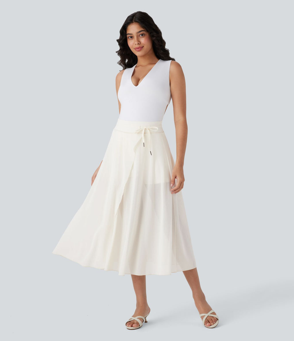 Jupe Casual Évasée Mesh Mi-Longue Fuide 2 en 1 Contrastée Taille Haute Cordon Poche Latérale
