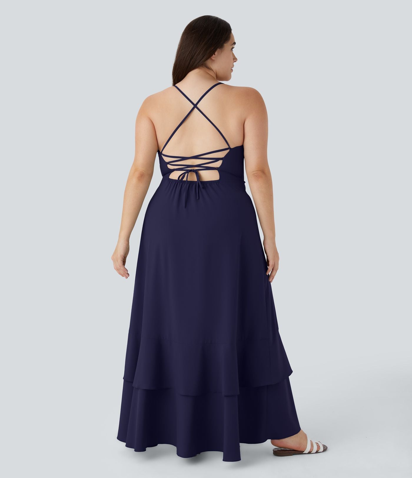 Breezeful ™ Robe Casual Grande Taille Maxi à Dos Nu Croisillons Lacés Fermeture Éclair Latérale Volants et Ourlet Fendu à Séchage Rapide