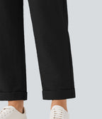 Pantalon décontracté fuselé effet lin taille haute infroissable avec cordon et poches