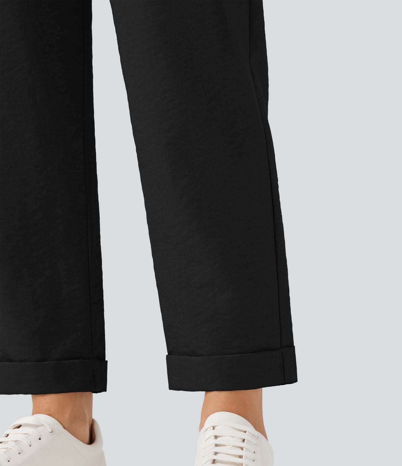 Pantalon décontracté fuselé effet lin taille haute infroissable avec cordon et poches