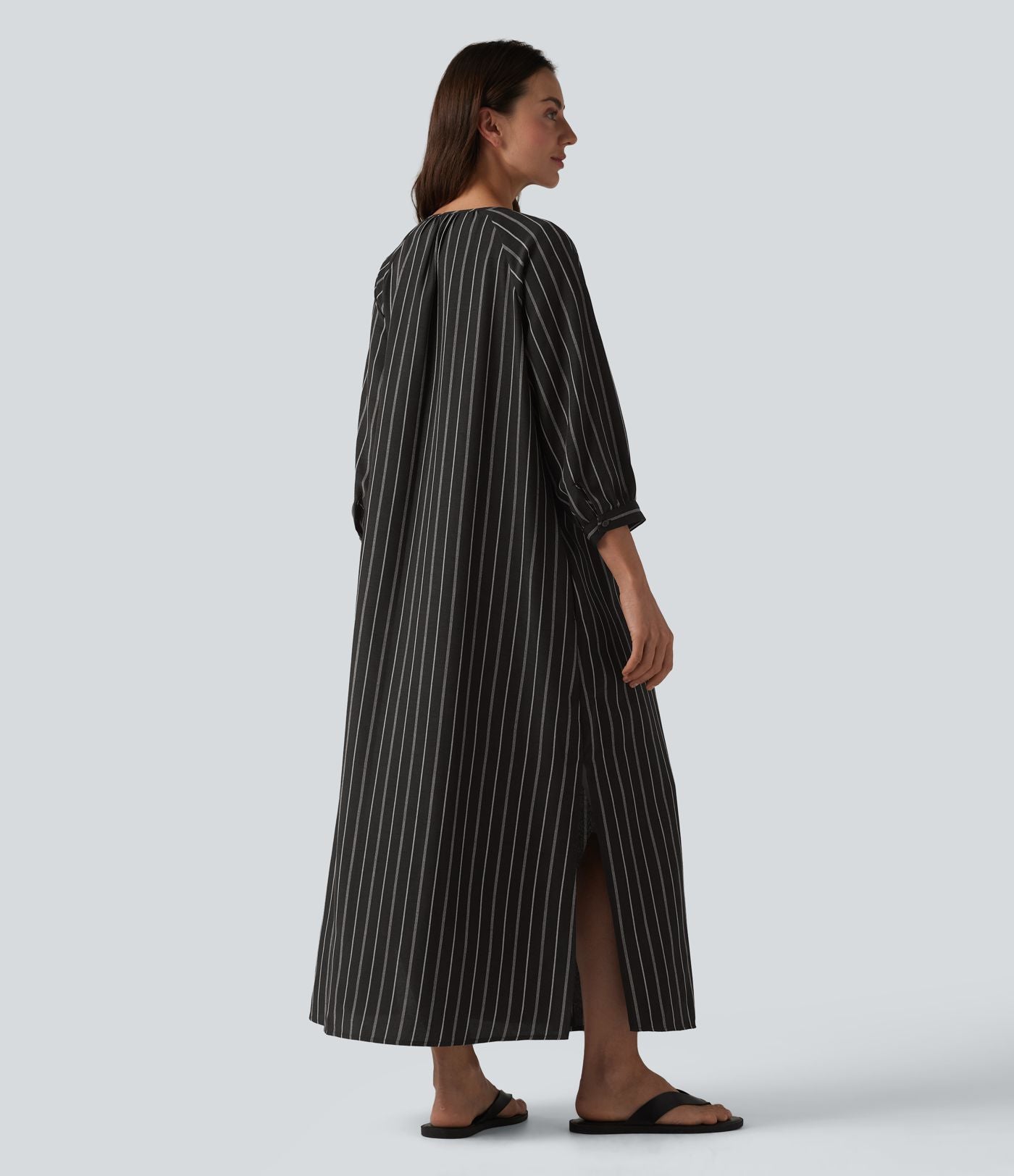 Robe midi casual à rayures aspect lin col V avec nœud, manches 3/4 fendues et poches